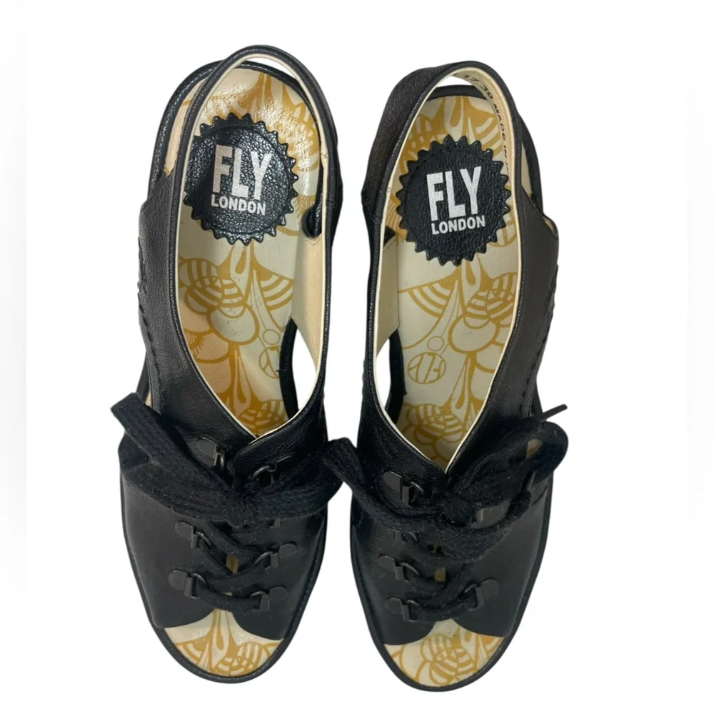 FLY London Ylfa Black Lace-Up Leather Wedge Sandals Women’s Size EUR 39 US 8-8.5
